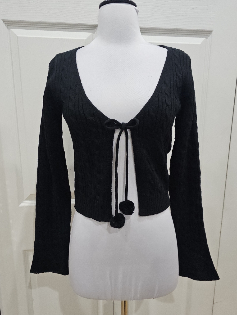 Dolls Kill Sugar Thrillz Sweater Weather Black Pom Pom Cable Knit Cardigan Top S